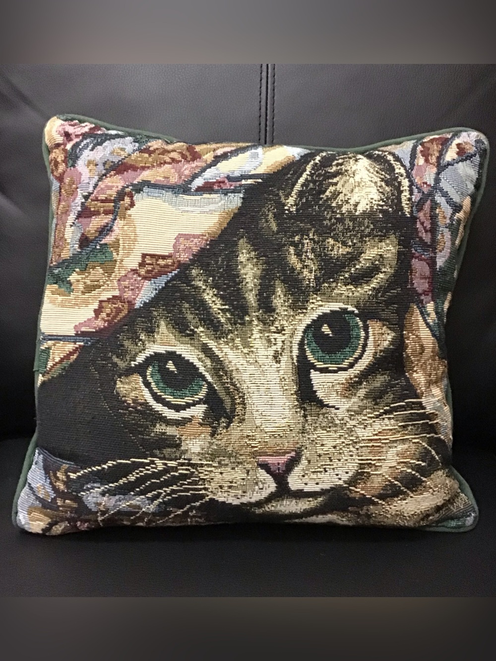 Vintage Tapestry Needlepoint Cat Accent Pillow 12”x12”